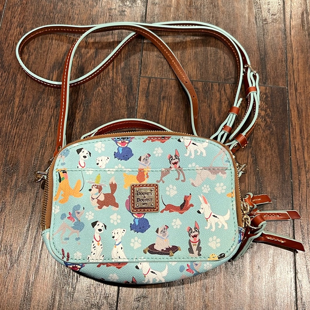 Dooney & Bourke Aqua Cartoon Dog Print Crossbody Bag with Brown Trim